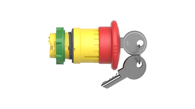 Pulsante di arresto di emergenza Schneider Electric ZB5AS944, rosso, diametro 22mm, protezione IP66/IP67/IP69K, dimensioni 40x40x79mm.