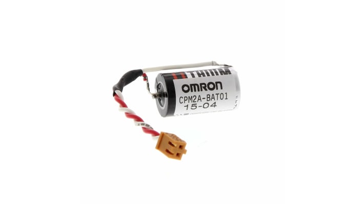 Batteria al litio Omron CPM2ABAT01 per CPU PLC serie CPM2A, operativa da 0 a 55°C, durata di circa cinque anni.