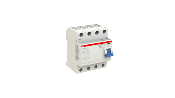 Interruttore differenziale ABB F204A-40/0.3, 4 poli, 40A, 300mA, montaggio su guida DIN, dimensioni 85 x 69 x 70mm.