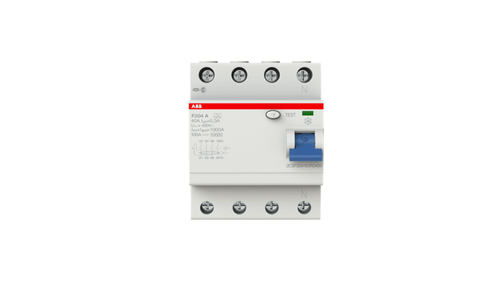 Interruttore differenziale ABB F204A-40/0.3, 4 poli, 40A, 300mA, montaggio su guida DIN, dimensioni 85 x 69 x 70mm.