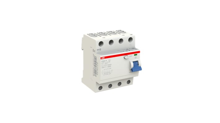 Interruttore differenziale RCCB ABB F200, 4 poli, 63A, sensibilità 300mA, montaggio su guida DIN, dimensioni 70x85x69 mm.