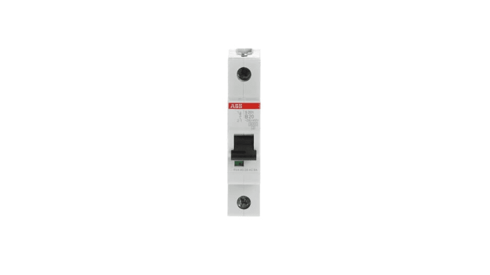 Interruttore magnetotermico ABB S201B20, 1P 20A, montaggio su guida DIN, dimensioni 17.5mm x 88mm x 76mm, grado di protezione IP20.