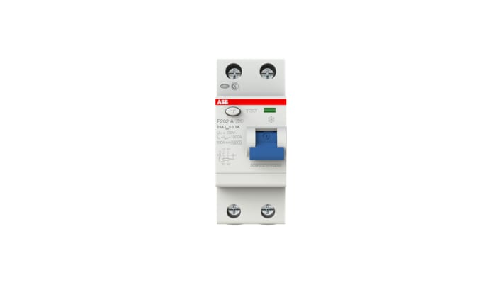 Interruttore differenziale ABB F200, 2 poli, 25 A, 300 mA, montaggio su guida DIN, dimensioni 85 x 69 x 35 mm.