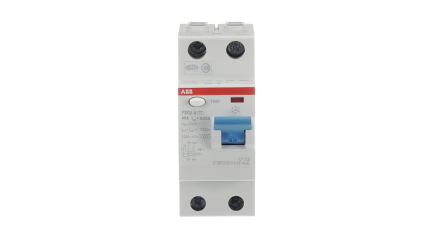 Interruttore differenziale ABB F202A-40/0.03, 2 poli, 40A, montaggio su guida DIN, dimensioni 69 x 85 x 35mm.