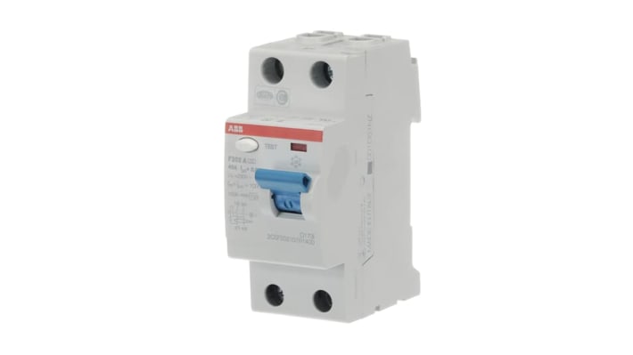 Interruttore differenziale ABB F202A-40/0.03, 2 poli, 40A, montaggio su guida DIN, dimensioni 69 x 85 x 35mm.