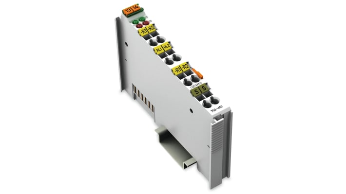 Modulo I/O Wago 750461, serie CJ2, per PLC, due canali analogici, montaggio su guida DIN, dimensioni 100 x 12 x 64 mm.