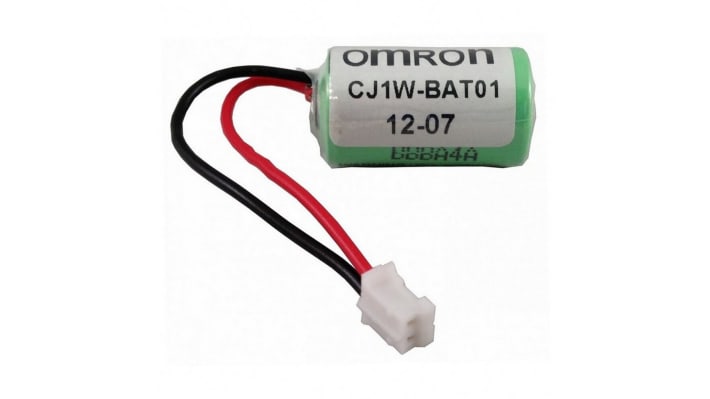 Batteria Omron CJ1W-BAT01 per CPU PLC serie Cj2, 3 V, 850 mAh, dimensioni 15 x 15 x 35 mm, durata 5 anni a 25 °C.