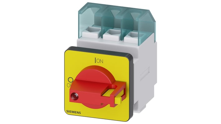 Interruttore di isolamento Siemens 3LD2222-0TK13, 3 poli, montaggio a pannello, grado di protezione IP65, dimensioni 49x49x50 mm.