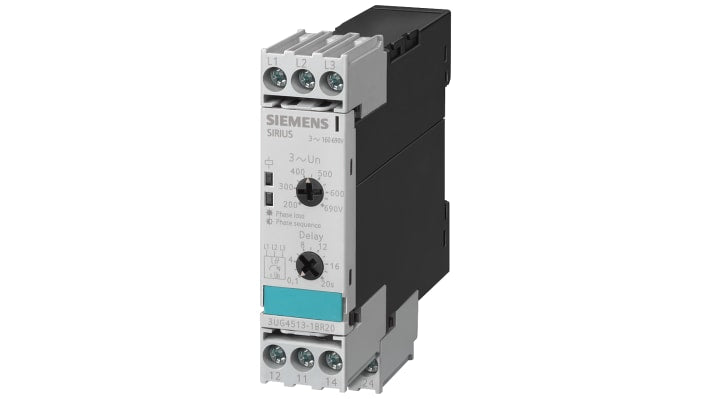 Relè di monitoraggio Siemens 3UG4513-1BR20, DPDT, tensione 160-690 V, montaggio su guida DIN, dimensioni 91 x 22,5 x 92 mm.