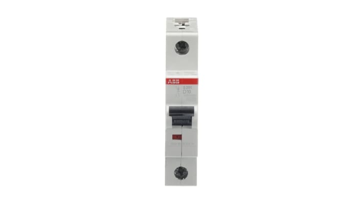 Interruttore magnetotermico ABB S201-D10, unipolare, 10 A, montaggio su guida DIN, dimensioni 88 x 17.5 x 76 mm.