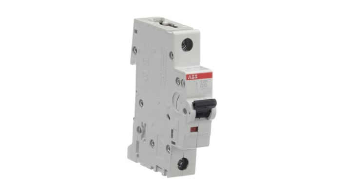 Interruttore magnetotermico ABB S201-D10, unipolare, 10 A, montaggio su guida DIN, dimensioni 88 x 17.5 x 76 mm.