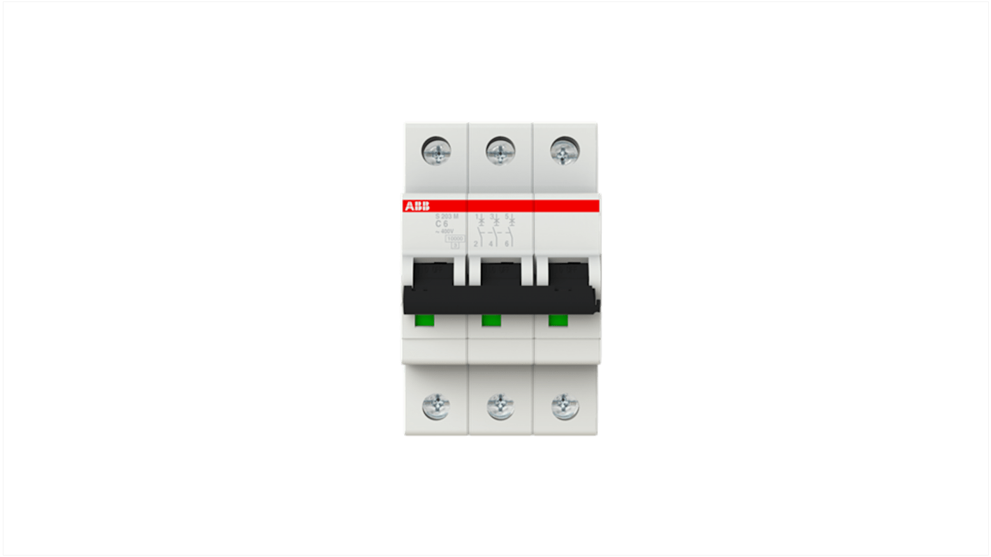 Interruttore magnetotermico ABB S203M-C6, 3 poli, 6 A, montaggio su guida DIN, dimensioni 88 mm x 52.5 mm x 76 mm.