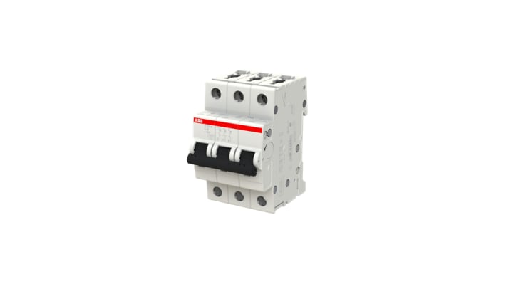 Interruttore magnetotermico ABB S203M-C6, 3 poli, 6 A, montaggio su guida DIN, dimensioni 88 mm x 52.5 mm x 76 mm.