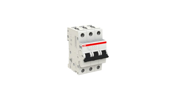 Interruttore magnetotermico ABB S203M-C6, 3 poli, 6 A, montaggio su guida DIN, dimensioni 88 mm x 52.5 mm x 76 mm.