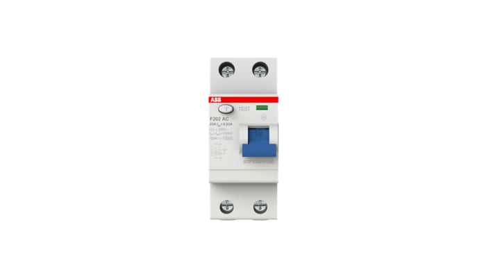 Interruttore differenziale ABB 2CSF202001R1250, 2 poli, 25A, 30mA, montaggio su guida DIN, dimensioni 69 x 35 x 85mm.