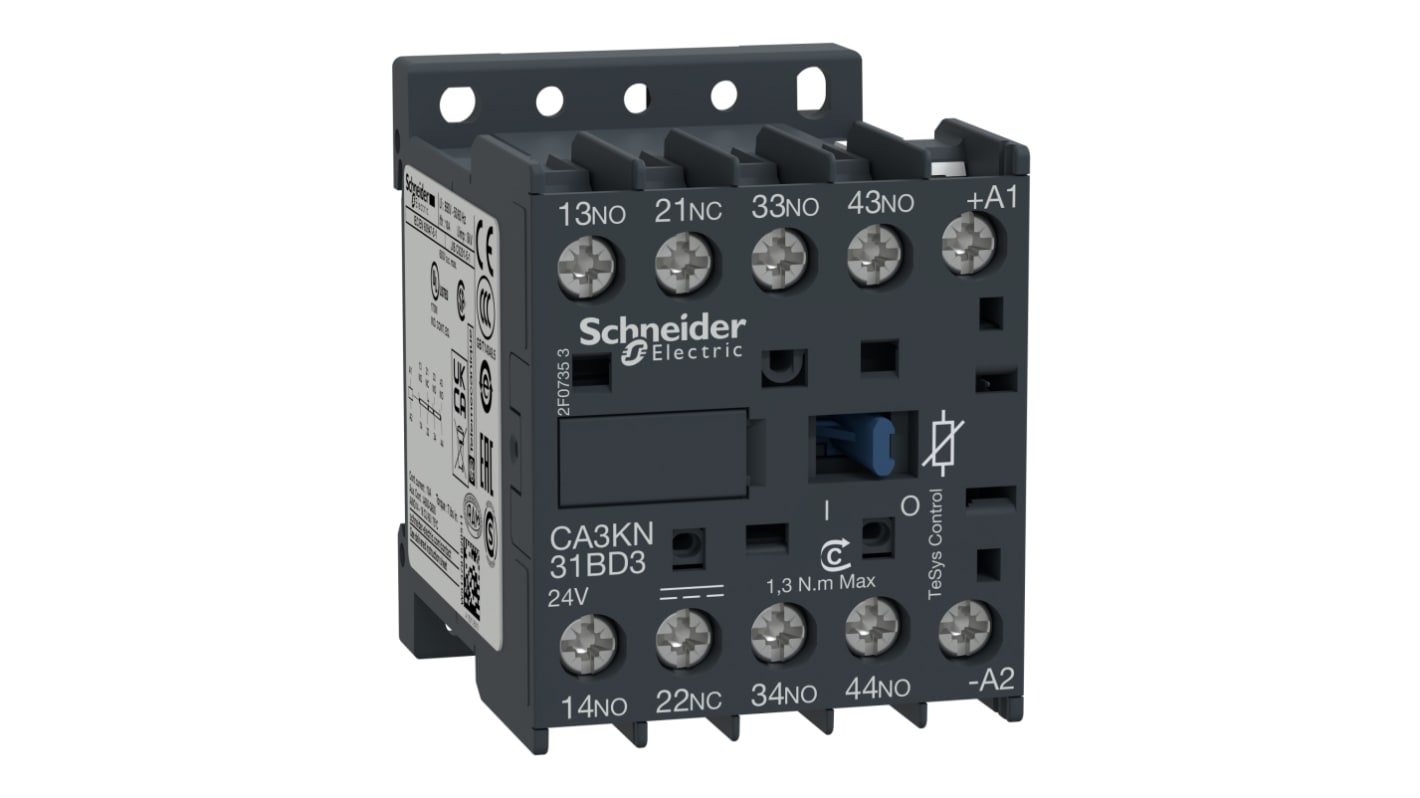 Contattore Schneider Electric CA3KN31BD3, 3NO + 1NC, 10 A, 24 V c.c., montaggio su guida DIN, dimensioni 58x45x57 mm.
