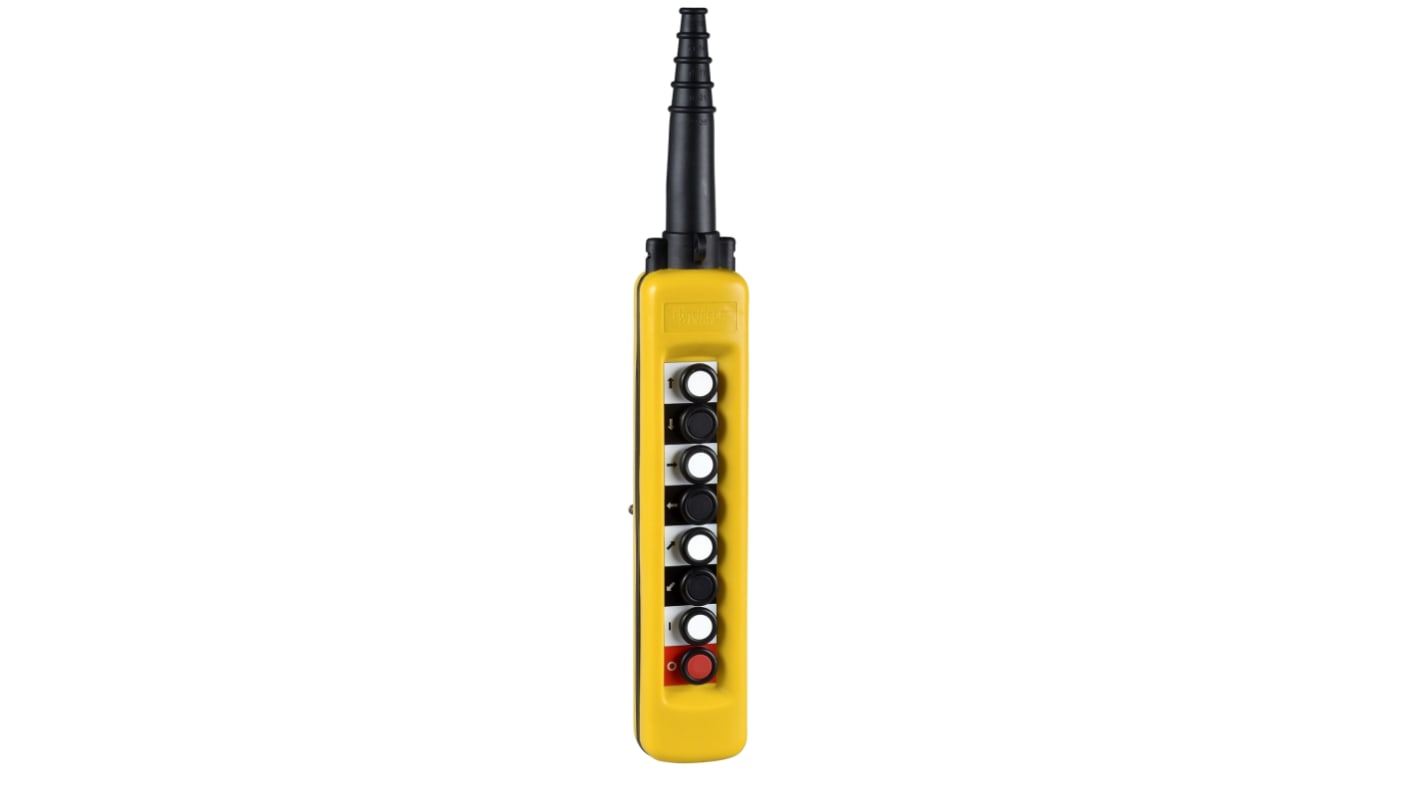 Stazione pensile a pulsante Schneider Electric XACA871, 8 pulsanti, protezione IP65, corrente 10A, contenitore giallo resistente.