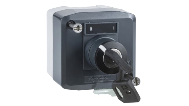 Interruttore Schneider Electric XALD144E, manopola rotante On/Off, IP66/IP67/IP69K, 10A, dimensioni 68x53x68mm, contatti SPDT.