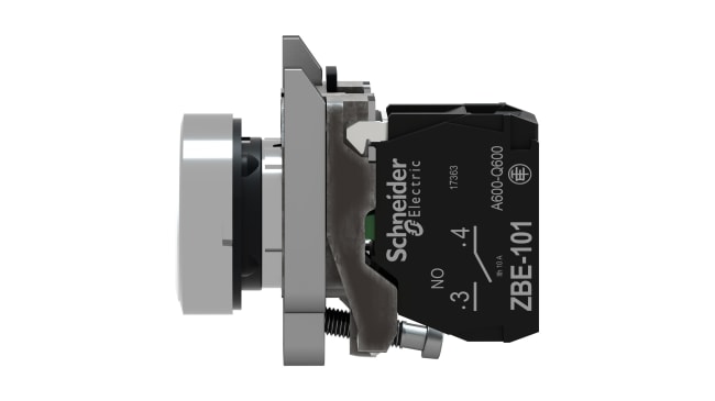 Pulsante SPST bianco Schneider Electric XB4BA3341, montaggio a pannello, diametro 22 mm, grado di protezione IP66/IP69K.