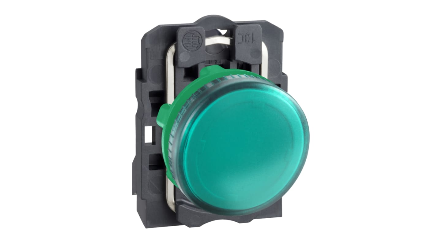 Spia LED verde per montaggio a pannello Schneider Electric Harmony XB5, diametro foro 22 mm, grado di protezione IP66/IP67.