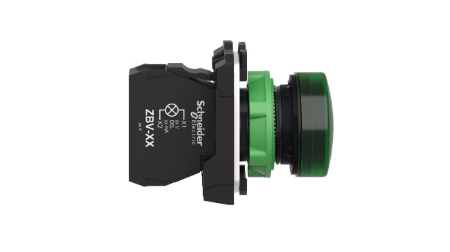 Spia LED verde per montaggio a pannello Schneider Electric Harmony XB5, diametro foro 22 mm, grado di protezione IP66/IP67.