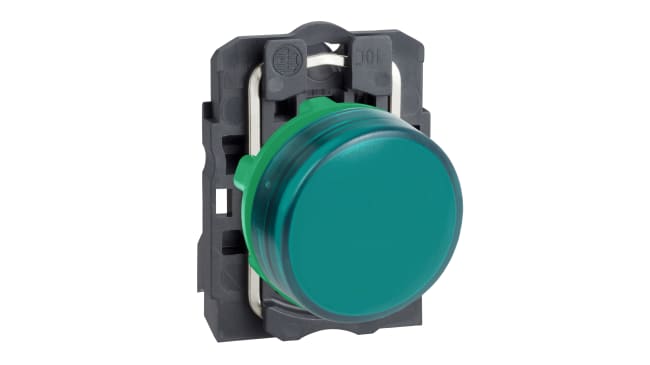 Spia LED verde Schneider Electric, montaggio a pannello 22 mm, IP66/IP67, tensione 240V, resistenza agli urti IK05.