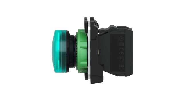 Spia LED verde Schneider Electric, montaggio a pannello 22 mm, IP66/IP67, tensione 240V, resistenza agli urti IK05.