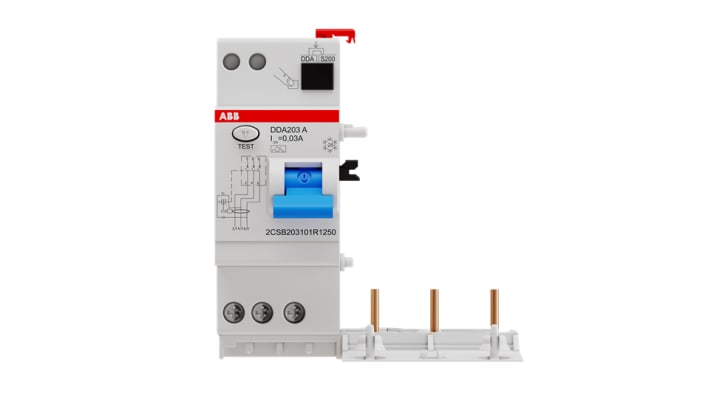 Interruttore RCD ABB 2CSB203101R1250, tipo A, 3 poli, 25 A, montaggio su guida DIN, dimensioni 93 x 87 x 76 mm.