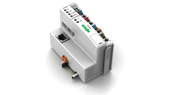 Wago 750-842, controller I/O con 64 ingressi e 64 uscite, montaggio su guida DIN, dimensioni 51 x 65 x 100 mm.