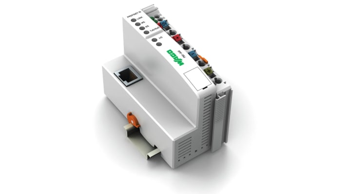 Modulo I/O Wago 750-340, per ingressi e uscite analogici e digitali, montaggio su guida DIN, dimensioni 71,1 x 50,5 x 100 mm.