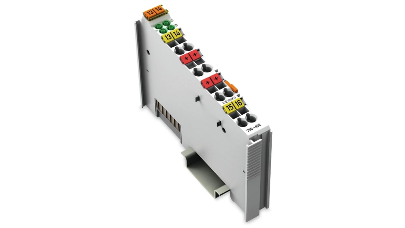 Modulo I/O digitale Wago 750-432 per sistema 750/753, 4 ingressi, montaggio su guida DIN, dimensioni 100 x 12 x 64 mm.