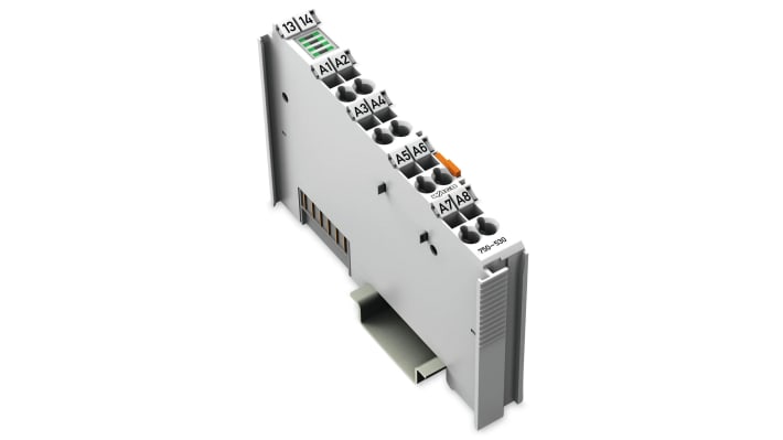 Modulo I/O digitale Wago 750-530, otto uscite, montaggio su guida DIN, dimensioni 67,8 x 12 x 100 mm.