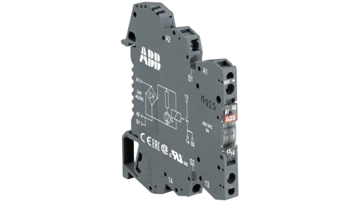Relè d'interfaccia ABB RB121-115VUC, montaggio su guida DIN, contatti SPDT, dimensioni 70 x 6 x 75 mm, grado di protezione IP20.
