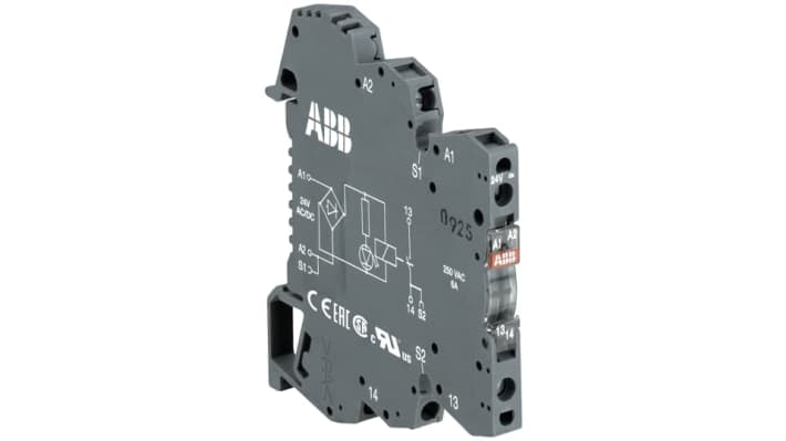 Relè d'interfaccia ABB RB121-230VUC, SPDT, montaggio su guida DIN, 70 x 6 x 75 mm, corrente 6A, IP20.