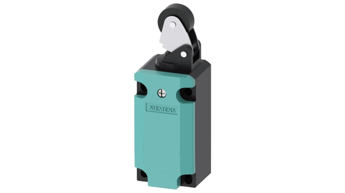 Interruttore di fine corsa Siemens 3SE5112-0CE01, leva a rullo, protezione IP66/IP67, montaggio laterale, dimensioni 119x40,5x37,3 mm.