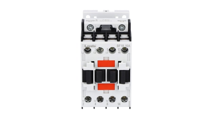 Contattore Lovato BF1810A024, 3 poli, 18 A, bobina 24 V c.a., montaggio su guida DIN 35 mm, dimensioni 81 x 45 x 80,7 mm.