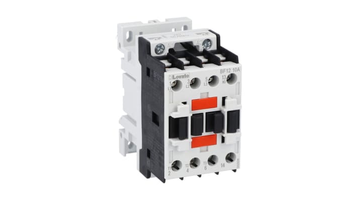 Contattore Lovato BF1210A230, 3 poli, corrente 12 A, montaggio su guida DIN, dimensioni 81x45x80,7 mm, grado di protezione IP20.