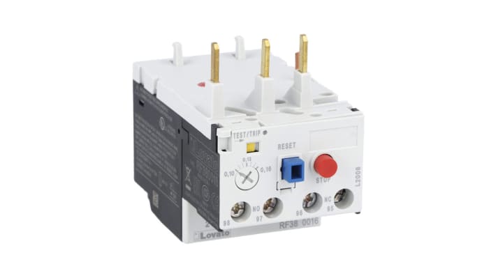 Lovato RF380250, relè di sovraccarico termico 3 poli, 2,5 A, montaggio su contattori BF09-BF38, dimensioni 134,8 x 45 x 90 mm.