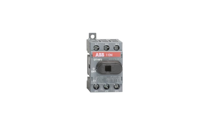 Interruttore sezionatore ABB OT16F3, 3 poli, 16A, montaggio su guida DIN, dimensioni 68x48x56mm, protezione IP20.