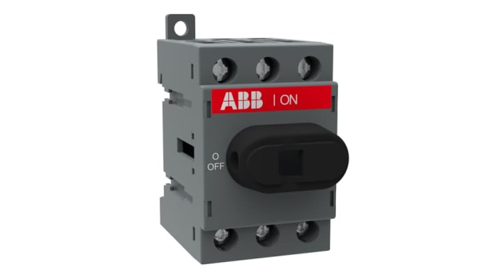 Interruttore sezionatore ABB OT40F3, 3 poli, 40A, montaggio su guida DIN, dimensioni 68mm x 35mm x 56mm, grado di protezione IP20.