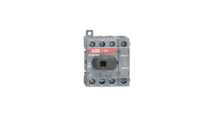Interruttore di isolamento ABB OT40F4N2, 4 poli, montaggio su guida DIN, corrente 40A, dimensioni 68mm x 48mm x 56mm.