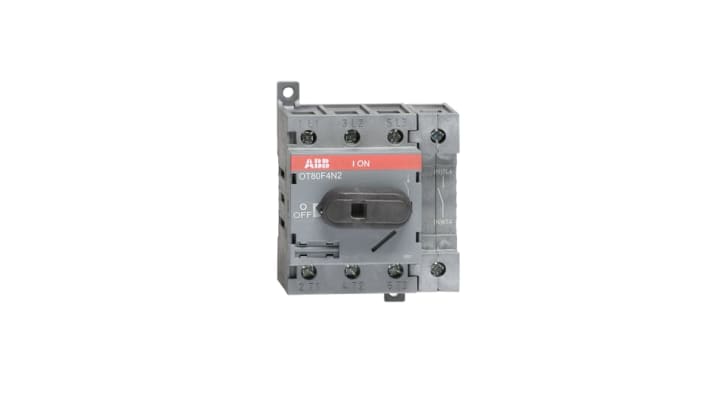 Interruttore di isolamento ABB 4 poli, 80A, 750V, montaggio su base, dimensioni 92x64x73mm, grado di protezione IP20.