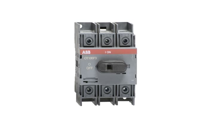 Interruttore sezionatore ABB OT100F3, 3 poli, 100A, montaggio su guida DIN, dimensioni 100x70x74 mm, protezione IP20.