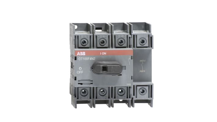 Interruttore di isolamento ABB OT100F4N2, 4 poli, 100 A, montaggio su base, dimensioni 100x97x74 mm, protezione IP20.