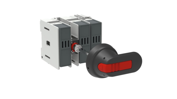 Sezionatore portafusibili ABB OS32FB, 3 poli, montaggio su guida DIN, corrente 32 A, dimensioni 106 x 97 x 105 mm.