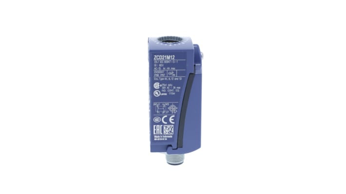 Interruttore di fine corsa Telemecanique Sensors ZCD21M12, configurazione NO/NC, corpo metallico, dimensioni 31x65x30 mm.