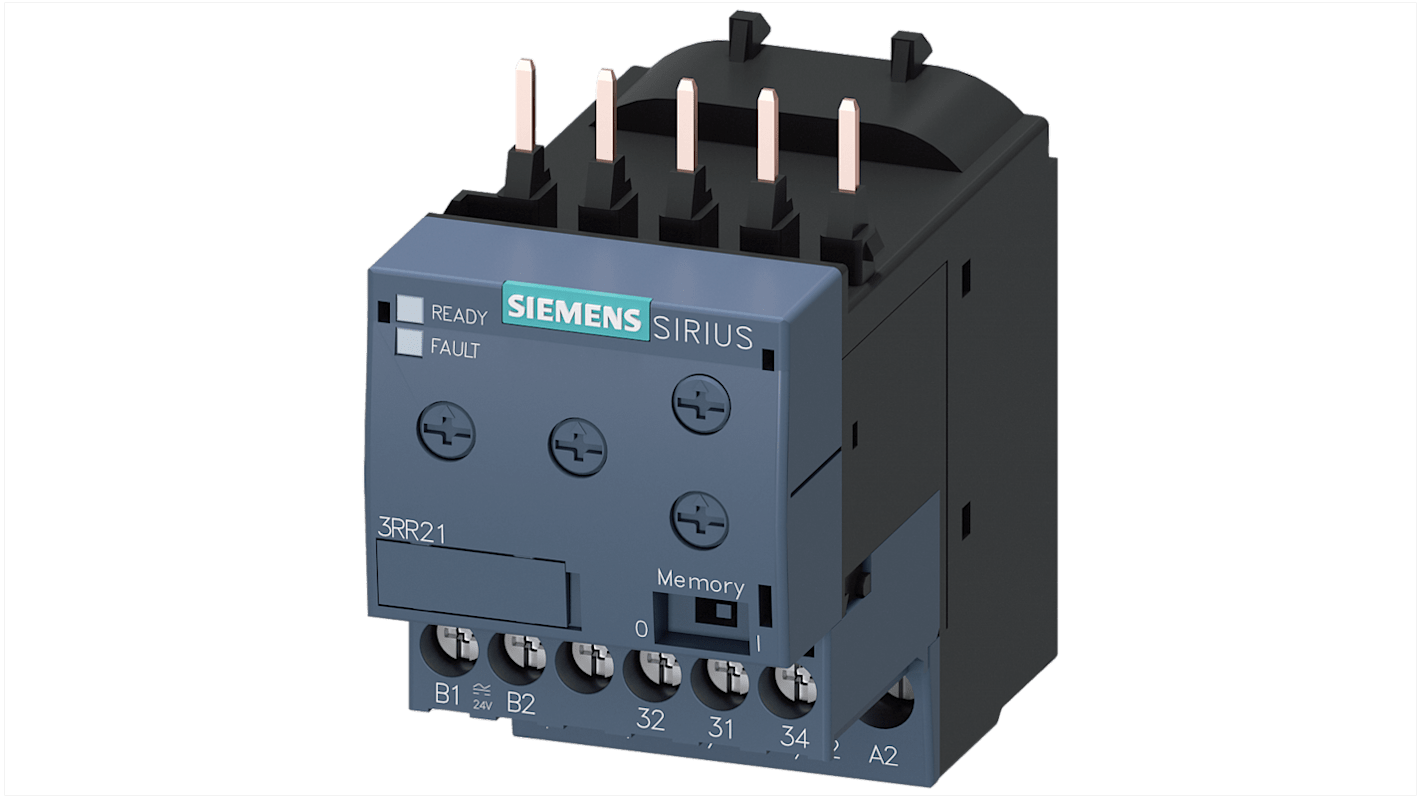 Relè di monitoraggio Siemens 3RR2141-1AA30, 1 NO + 1 NC, 24 V c.c., montaggio su contattore 3RT2, dimensioni 45x81x79 mm.