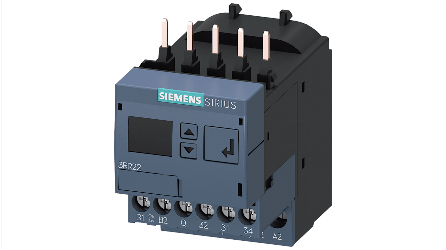 Relè di monitoraggio Siemens 3RR2241-1FA30, 1 NO + 1 NC, 24 V, montaggio su contattore 3RT2, dimensioni 45x81x79 mm.