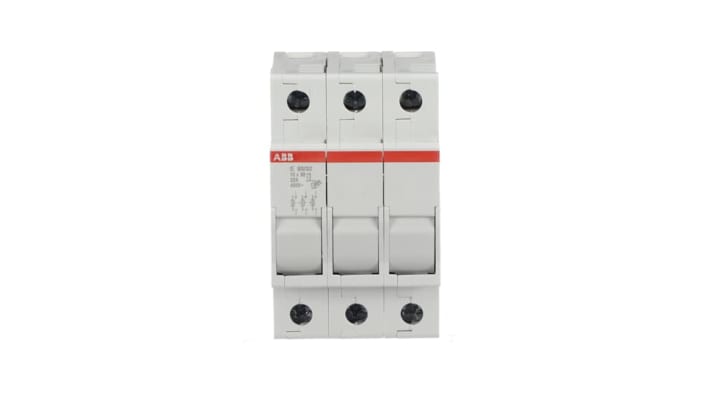 Sezionatore portafusibili ABB E 93/32, 3 poli, 32 A, montaggio su guida DIN, dimensioni 85 x 53 x 64 mm, grado di protezione IP20.