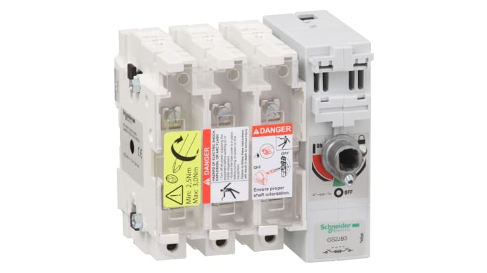 Sezionatore portafusibili Schneider Electric GS2JB3, 3 poli, 100 A, compatibile con guide DIN, fusibile A4, temperatura -20/+70 °C.